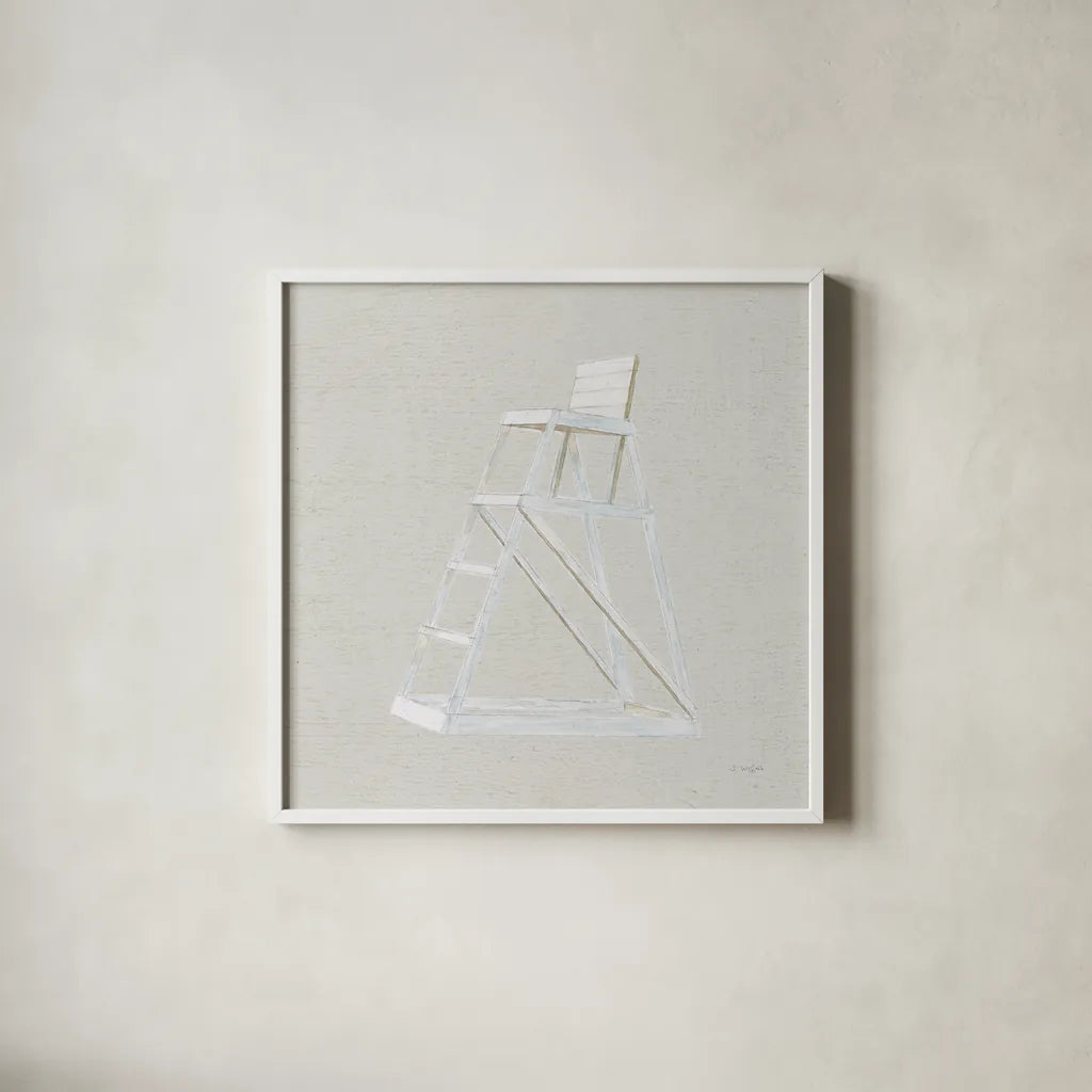 Serene Seaside II Tan by James Wiens. Shown in a crisp white glass frame for a clean and minimalist style. Available as an archival giclee rolled canvas, fine art paper, or poster print. SKU 31834a.