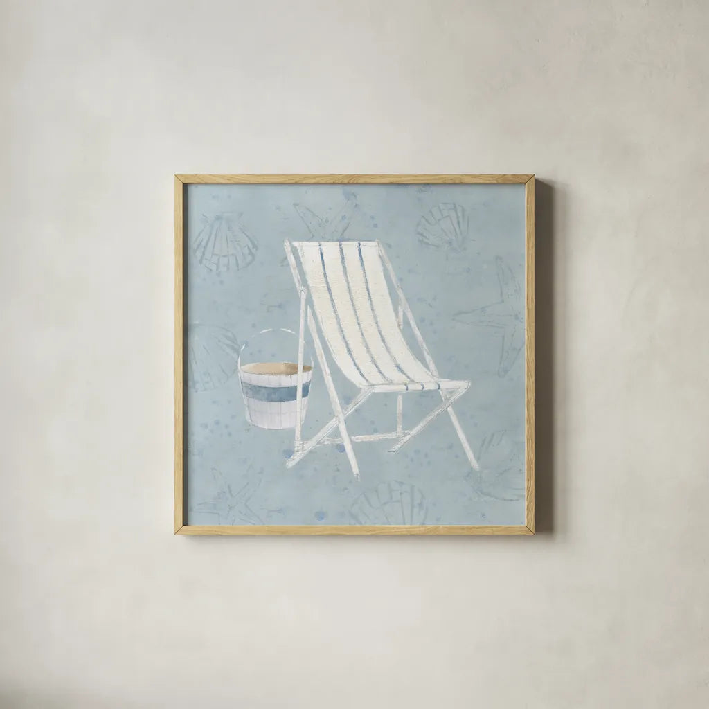 Serene Seaside III by James Wiens. Shown in a natural wood glass frame for a timeless modern aesthetic. Available as an archival giclee rolled canvas, fine art paper, or poster print. SKU 31832a.