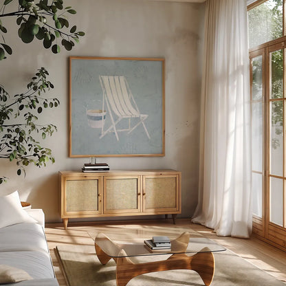 Serene Seaside III by James Wiens. Shown in a natural wood frame in a cozy modern living room. Available as an archival giclee rolled canvas, fine art paper, or poster print. SKU 31832a.