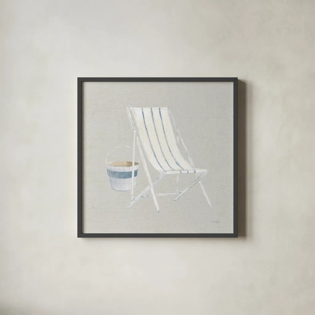 Serene Seaside III Tan by James Wiens. Shown in a sleek black glass frame for a contemporary gallery look. Available as an archival giclee rolled canvas, fine art paper, or poster print. SKU 31835a.