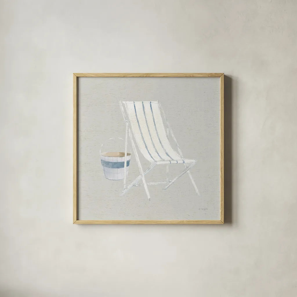 Serene Seaside III Tan by James Wiens. Shown in a natural wood glass frame for a timeless modern aesthetic. Available as an archival giclee rolled canvas, fine art paper, or poster print. SKU 31835a.