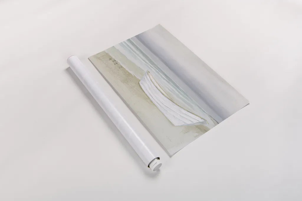 Serene Seaside with Boat by James Wiens. shown as a rolled paper print. Available as archival giclee rolled canvas, fine art paper, or poster print. SKU 33505i.