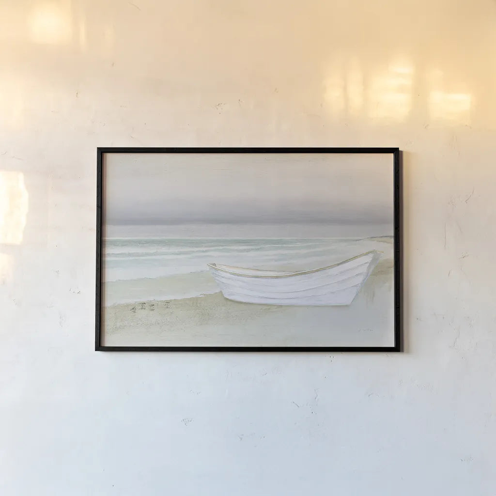 Serene Seaside with Boat by James Wiens. shown as a paper print in a black flame. Available as a archival giclee rolled canvas, fine art paper, or poster print. SKU 33505i.