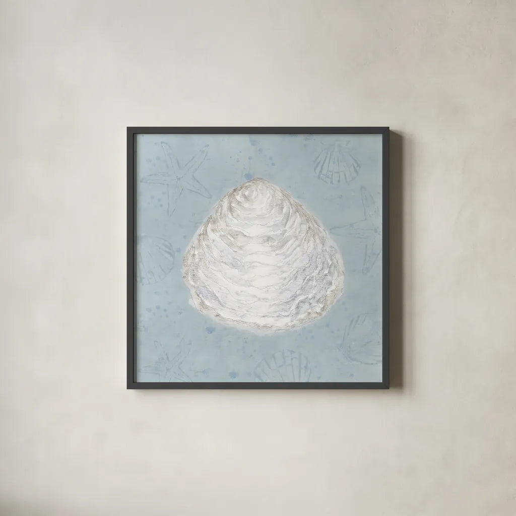 Serene Shells I by James Wiens. Shown in a sleek black glass frame for a contemporary gallery look. Available as an archival giclee rolled canvas, fine art paper, or poster print. SKU 31836a.
