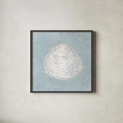 Serene Shells I by James Wiens. Shown in a sleek black glass frame for a contemporary gallery look. Available as an archival giclee rolled canvas, fine art paper, or poster print. SKU 31836a.