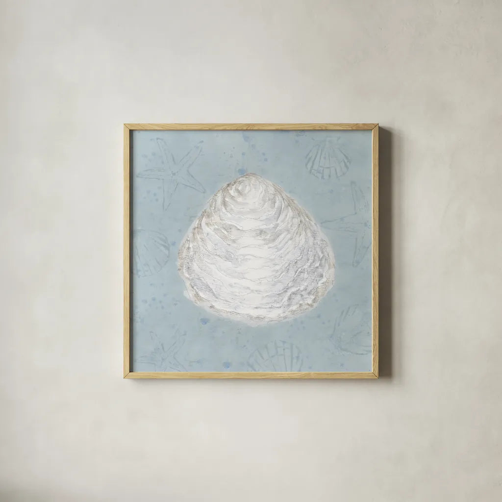 Serene Shells I by James Wiens. Shown in a natural wood glass frame for a timeless modern aesthetic. Available as an archival giclee rolled canvas, fine art paper, or poster print. SKU 31836a.