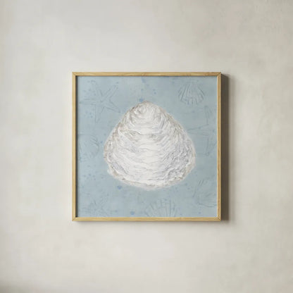 Serene Shells I by James Wiens. Shown in a natural wood glass frame for a timeless modern aesthetic. Available as an archival giclee rolled canvas, fine art paper, or poster print. SKU 31836a.