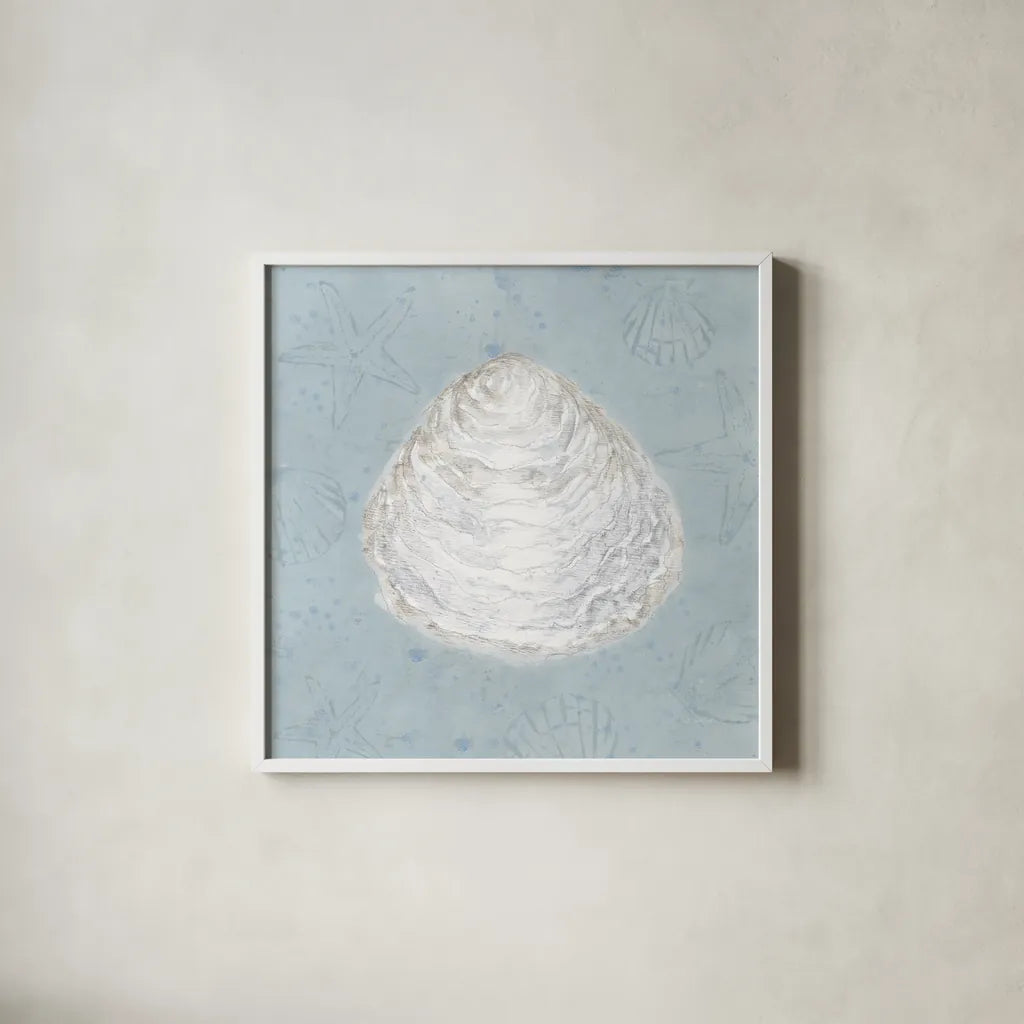 Serene Shells I by James Wiens. Shown in a crisp white glass frame for a clean and minimalist style. Available as an archival giclee rolled canvas, fine art paper, or poster print. SKU 31836a.