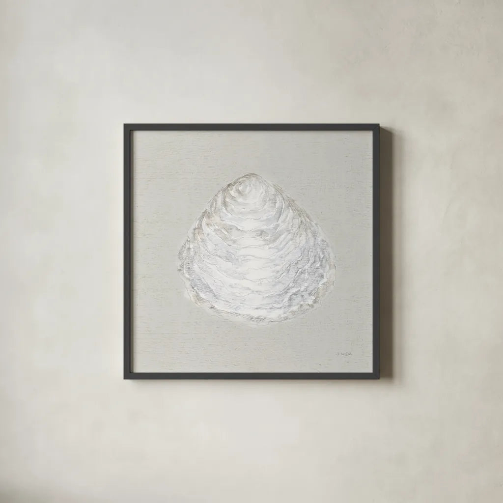 Serene Shells I Tan by James Wiens. Shown in a sleek black glass frame for a contemporary gallery look. Available as an archival giclee rolled canvas, fine art paper, or poster print. SKU 31838a.