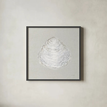 Serene Shells I Tan by James Wiens. Shown in a sleek black glass frame for a contemporary gallery look. Available as an archival giclee rolled canvas, fine art paper, or poster print. SKU 31838a.