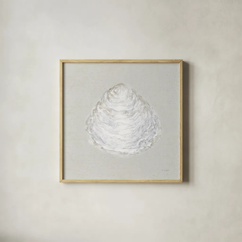 Serene Shells I Tan by James Wiens. Shown in a natural wood glass frame for a timeless modern aesthetic. Available as an archival giclee rolled canvas, fine art paper, or poster print. SKU 31838a.