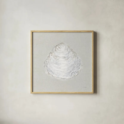 Serene Shells I Tan by James Wiens. Shown in a natural wood glass frame for a timeless modern aesthetic. Available as an archival giclee rolled canvas, fine art paper, or poster print. SKU 31838a.