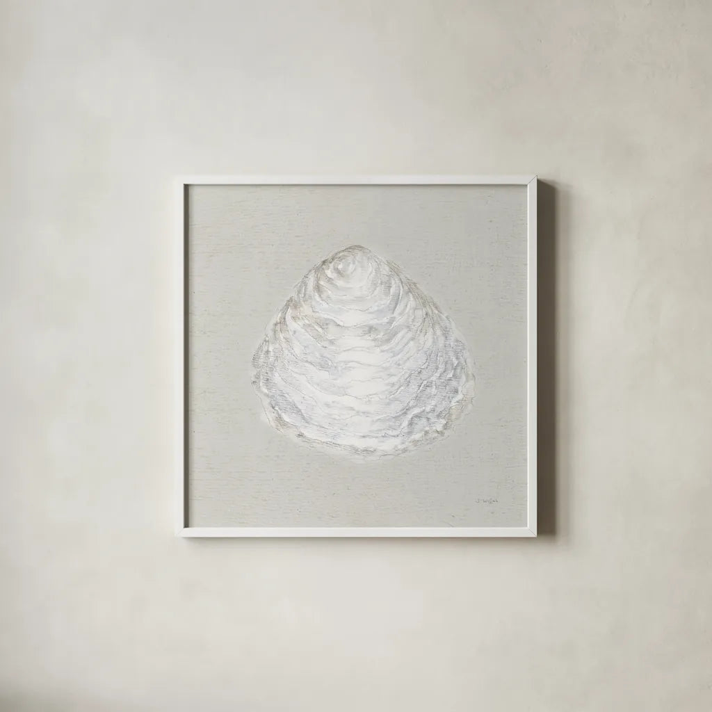 Serene Shells I Tan by James Wiens. Shown in a crisp white glass frame for a clean and minimalist style. Available as an archival giclee rolled canvas, fine art paper, or poster print. SKU 31838a.