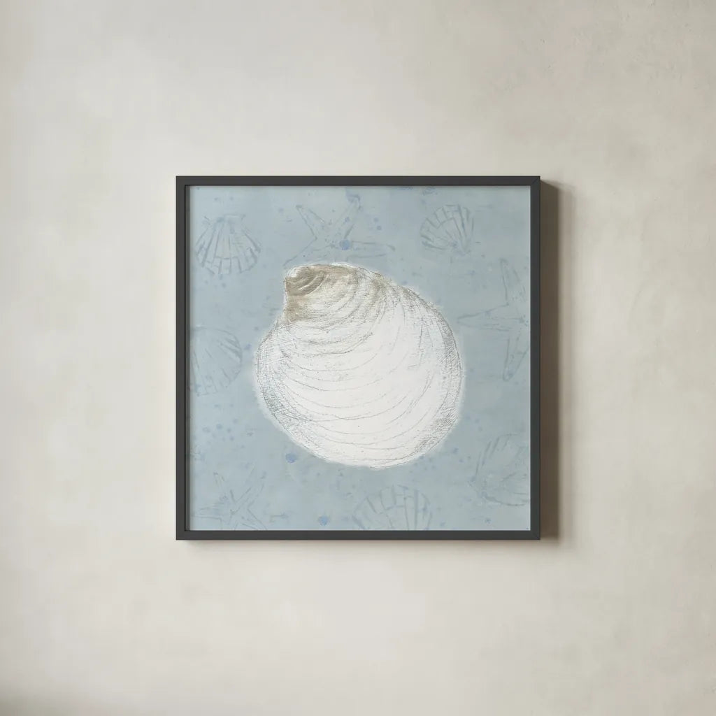 Serene Shells II by James Wiens. Shown in a sleek black glass frame for a contemporary gallery look. Available as an archival giclee rolled canvas, fine art paper, or poster print. SKU 31837a.