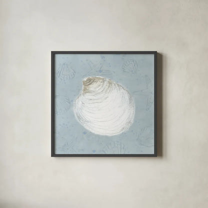 Serene Shells II by James Wiens. Shown in a sleek black glass frame for a contemporary gallery look. Available as an archival giclee rolled canvas, fine art paper, or poster print. SKU 31837a.