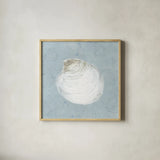 Serene Shells II by James Wiens. Shown in a natural wood glass frame for a timeless modern aesthetic. Available as an archival giclee rolled canvas, fine art paper, or poster print. SKU 31837a.