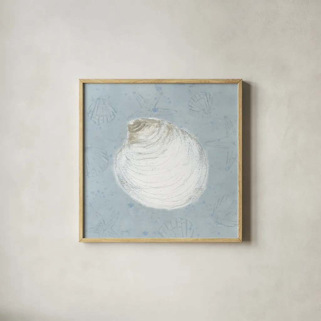 Serene Shells II by James Wiens. Shown in a natural wood glass frame for a timeless modern aesthetic. Available as an archival giclee rolled canvas, fine art paper, or poster print. SKU 31837a.