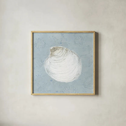 Serene Shells II by James Wiens. Shown in a natural wood glass frame for a timeless modern aesthetic. Available as an archival giclee rolled canvas, fine art paper, or poster print. SKU 31837a.