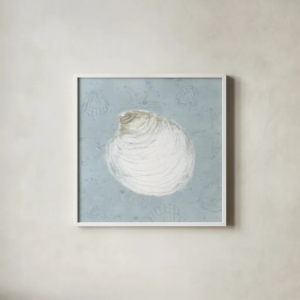 Serene Shells II by James Wiens. Shown in a crisp white glass frame for a clean and minimalist style. Available as an archival giclee rolled canvas, fine art paper, or poster print. SKU 31837a.