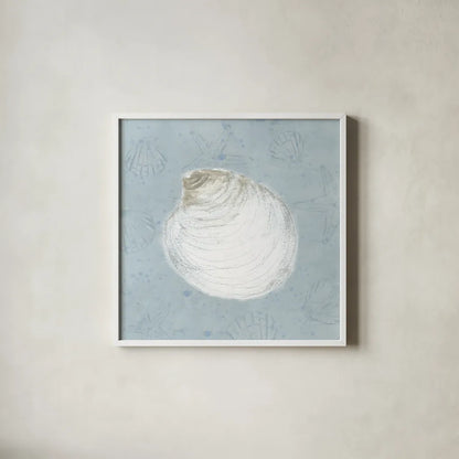 Serene Shells II by James Wiens. Shown in a crisp white glass frame for a clean and minimalist style. Available as an archival giclee rolled canvas, fine art paper, or poster print. SKU 31837a.