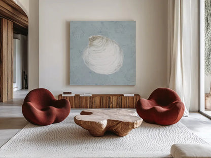Serene Shells II by James Wiens. Shown as extra-large giant wall art in a modern living room. Available as an archival giclee rolled canvas, fine art paper, or poster print. SKU 31837a.