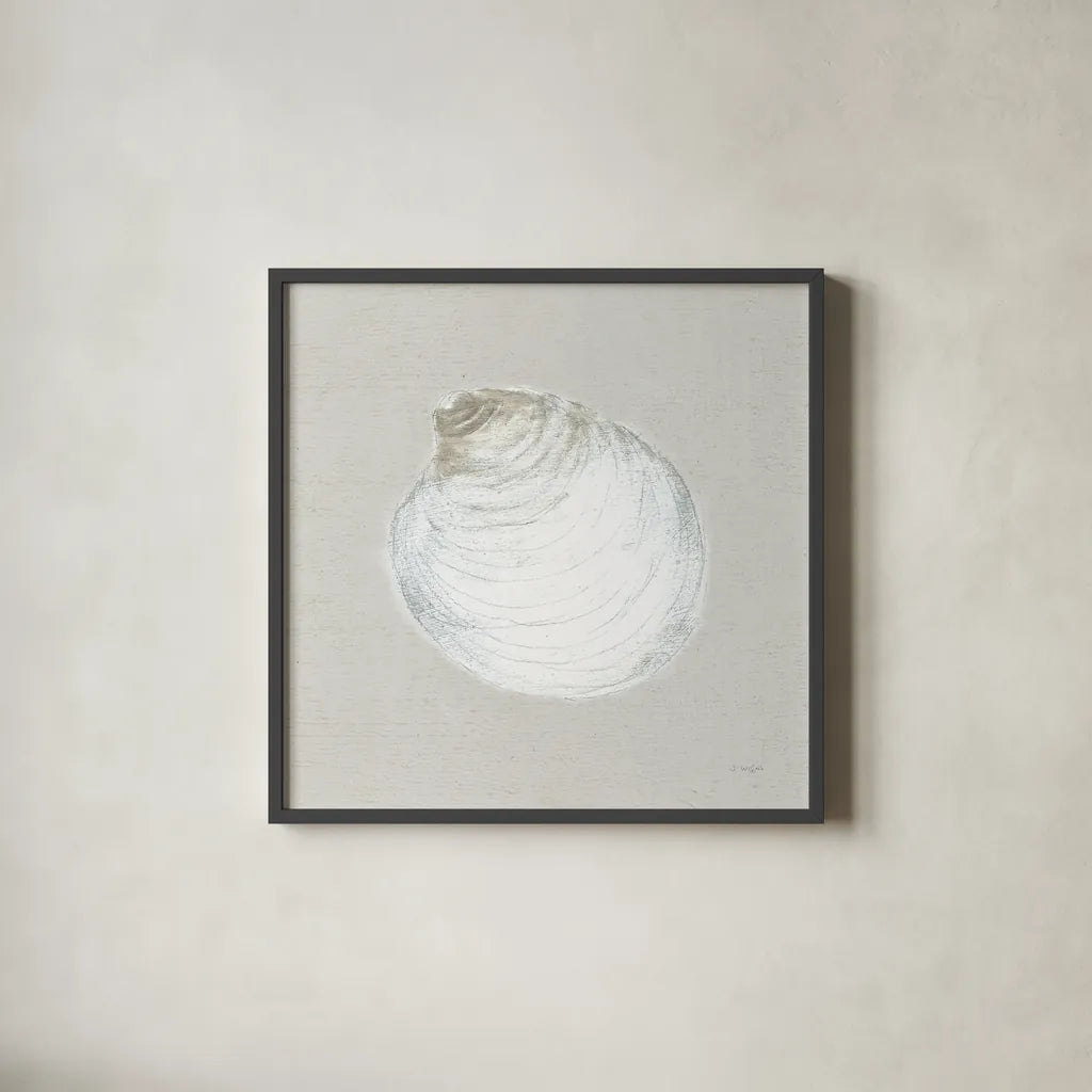 Serene Shells II Tan by James Wiens. Shown in a sleek black glass frame for a contemporary gallery look. Available as an archival giclee rolled canvas, fine art paper, or poster print. SKU 31839a.