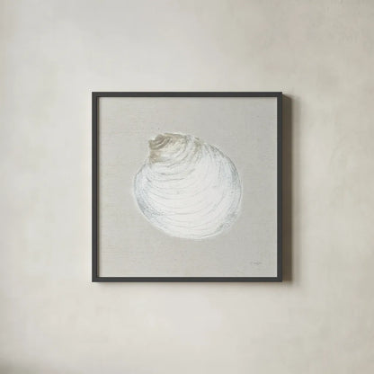 Serene Shells II Tan by James Wiens. Shown in a sleek black glass frame for a contemporary gallery look. Available as an archival giclee rolled canvas, fine art paper, or poster print. SKU 31839a.