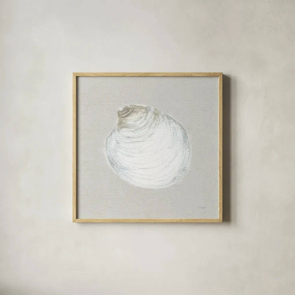 Serene Shells II Tan by James Wiens. Shown in a natural wood glass frame for a timeless modern aesthetic. Available as an archival giclee rolled canvas, fine art paper, or poster print. SKU 31839a.