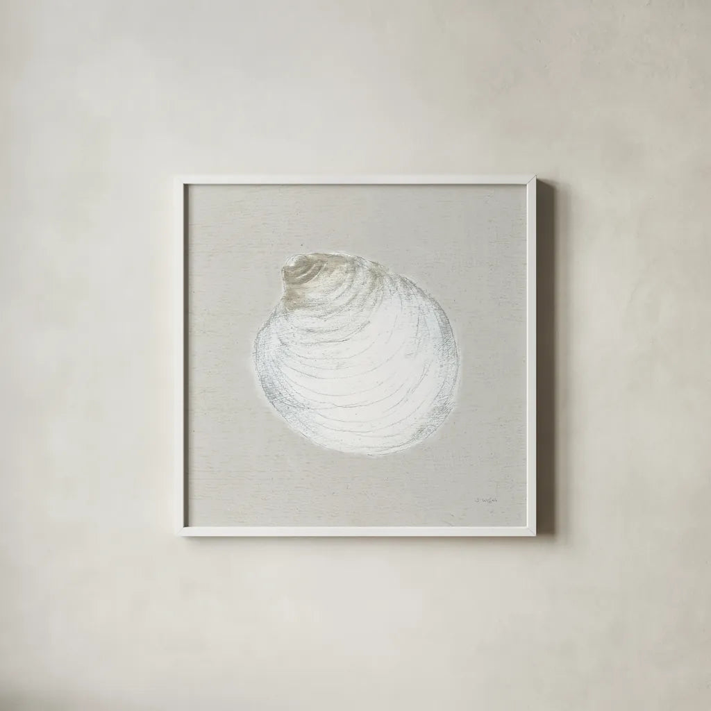 Serene Shells II Tan by James Wiens. Shown in a crisp white glass frame for a clean and minimalist style. Available as an archival giclee rolled canvas, fine art paper, or poster print. SKU 31839a.