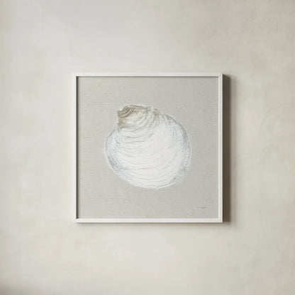 Serene Shells II Tan by James Wiens. Shown in a crisp white glass frame for a clean and minimalist style. Available as an archival giclee rolled canvas, fine art paper, or poster print. SKU 31839a.