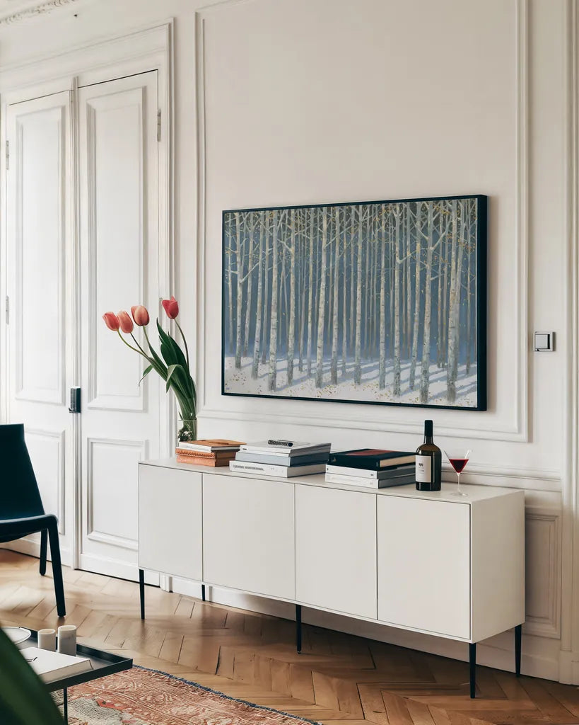 Shimmering Birches by James Wiens. shown as a framed stretched canvas in a living room above a console. Available as a archival giclee rolled canvas, fine art paper, or poster print. SKU 60011i.