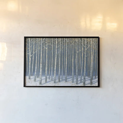 Shimmering Birches by James Wiens. shown as a paper print in a black flame. Available as a archival giclee rolled canvas, fine art paper, or poster print. SKU 60011i.