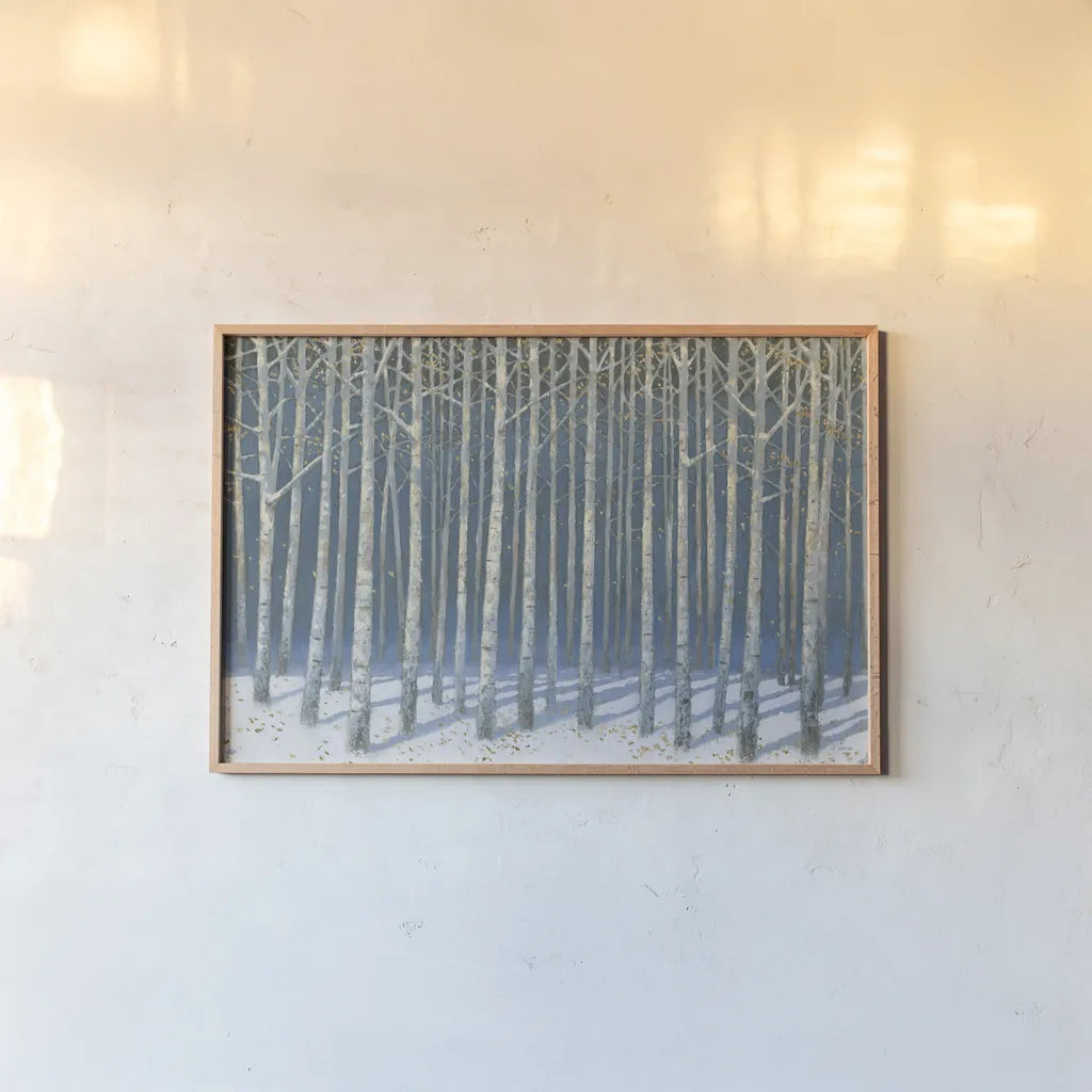 Shimmering Birches by James Wiens. shown as a paper print in a natural frame. Available as a archival giclee rolled canvas, fine art paper, or poster print. SKU 60011i.