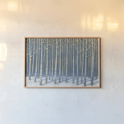 Shimmering Birches by James Wiens. shown as a paper print in a natural frame. Available as a archival giclee rolled canvas, fine art paper, or poster print. SKU 60011i.