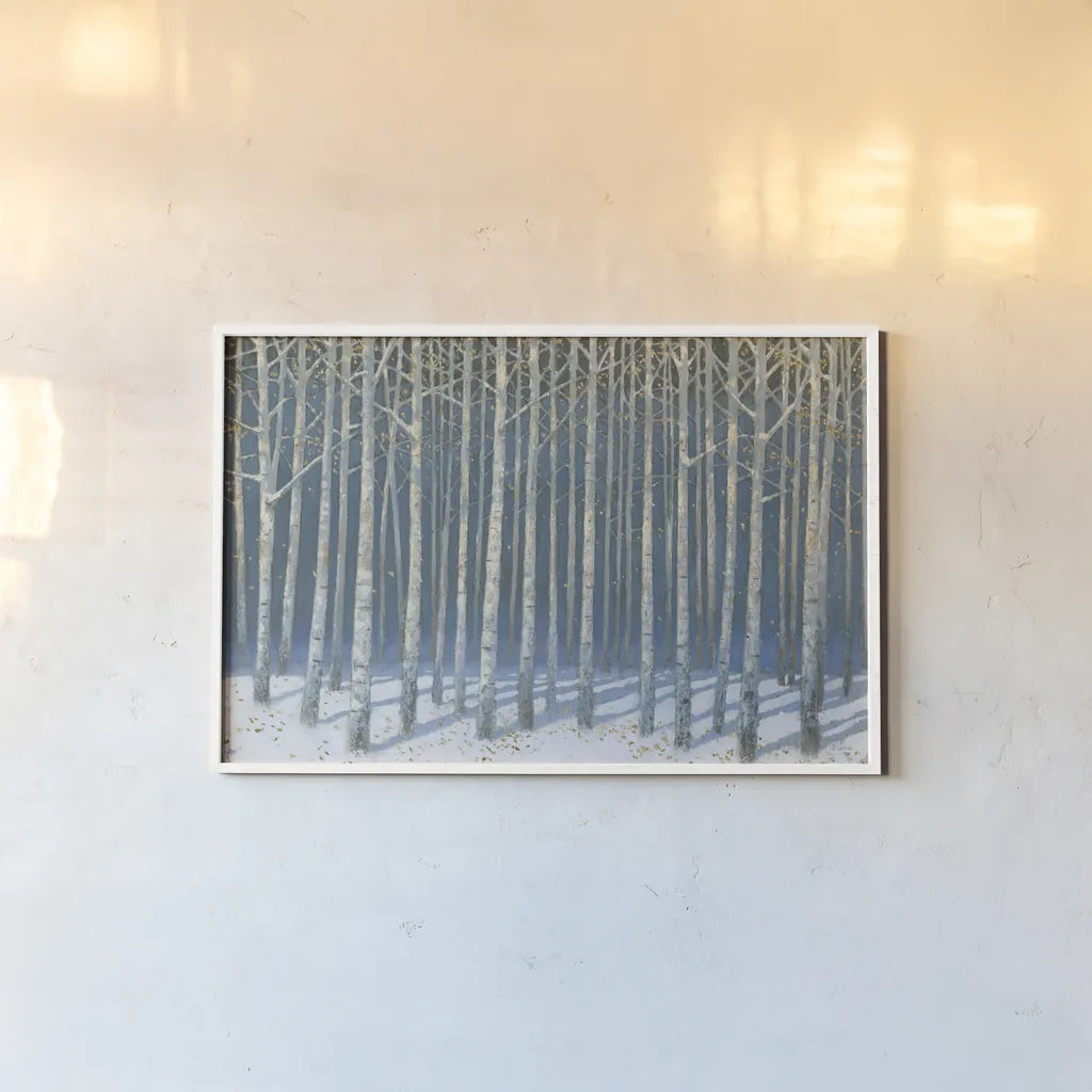 Shimmering Birches by James Wiens. shown as a paper print in a white frame. Available as a archival giclee rolled canvas, fine art paper, or poster print. SKU 60011i.