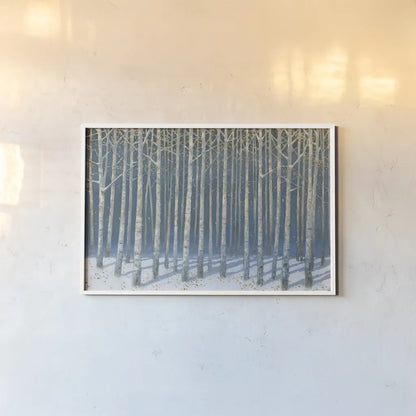 Shimmering Birches by James Wiens. shown as a paper print in a white frame. Available as a archival giclee rolled canvas, fine art paper, or poster print. SKU 60011i.