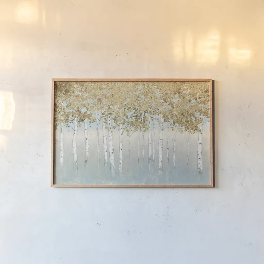 Shimmering Forest by James Wiens. shown as a paper print in a natural frame. Available as a archival giclee rolled canvas, fine art paper, or poster print. SKU 53208i.