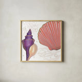 Shimmering Shells I by James Wiens. Shown in a natural wood glass frame for a timeless modern aesthetic. Available as an archival giclee rolled canvas, fine art paper, or poster print. SKU 72586a.