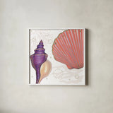 Shimmering Shells I by James Wiens. Shown in a crisp white glass frame for a clean and minimalist style. Available as an archival giclee rolled canvas, fine art paper, or poster print. SKU 72586a.