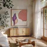 Shimmering Shells I by James Wiens. Shown in a natural wood frame in a cozy modern living room. Available as an archival giclee rolled canvas, fine art paper, or poster print. SKU 72586a.