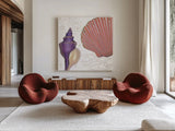 Shimmering Shells I by James Wiens. Shown as extra-large giant wall art in a modern living room. Available as an archival giclee rolled canvas, fine art paper, or poster print. SKU 72586a.