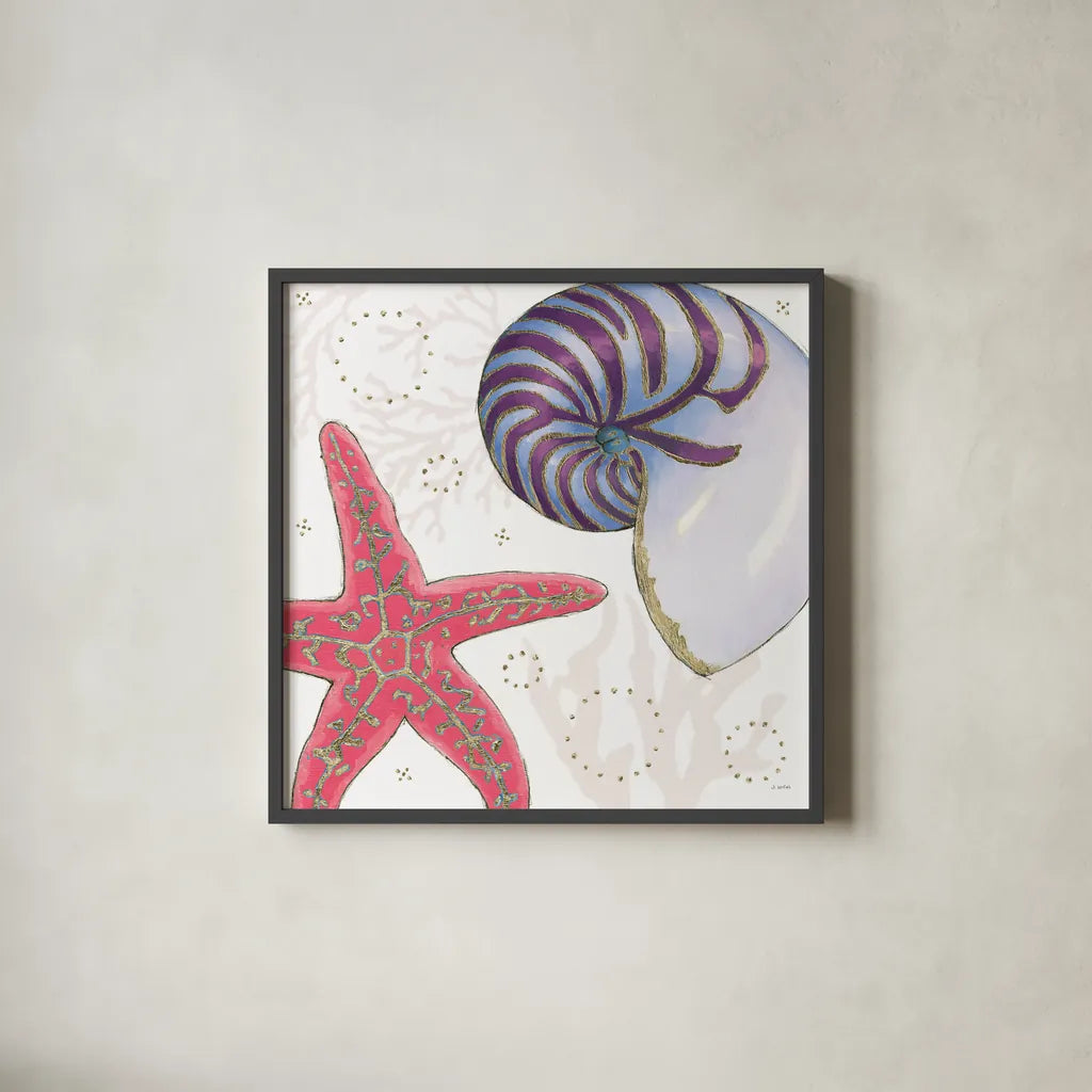 Shimmering Shells II by James Wiens. Shown in a sleek black glass frame for a contemporary gallery look. Available as an archival giclee rolled canvas, fine art paper, or poster print. SKU 72587a.