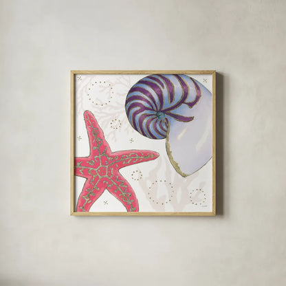Shimmering Shells II by James Wiens. Shown in a natural wood glass frame for a timeless modern aesthetic. Available as an archival giclee rolled canvas, fine art paper, or poster print. SKU 72587a.