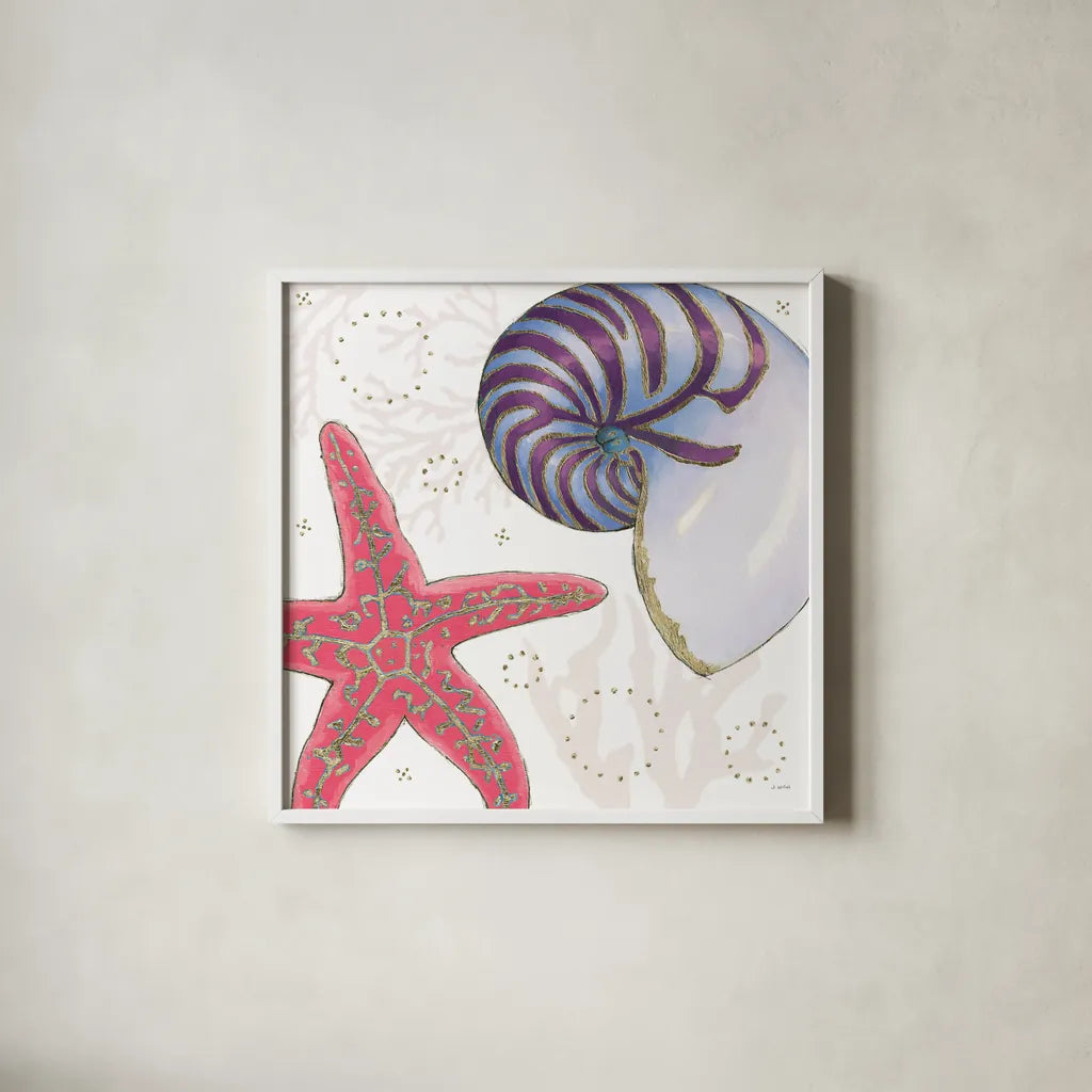 Shimmering Shells II by James Wiens. Shown in a crisp white glass frame for a clean and minimalist style. Available as an archival giclee rolled canvas, fine art paper, or poster print. SKU 72587a.