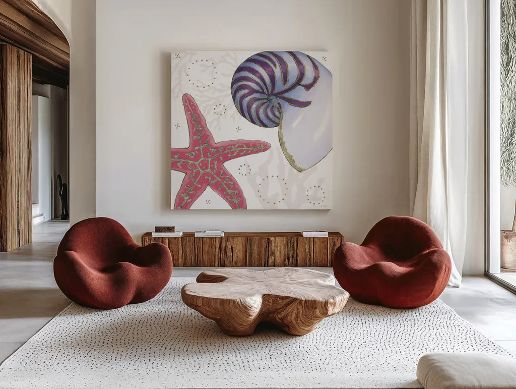 Shimmering Shells II by James Wiens. Shown as extra-large giant wall art in a modern living room. Available as an archival giclee rolled canvas, fine art paper, or poster print. SKU 72587a.