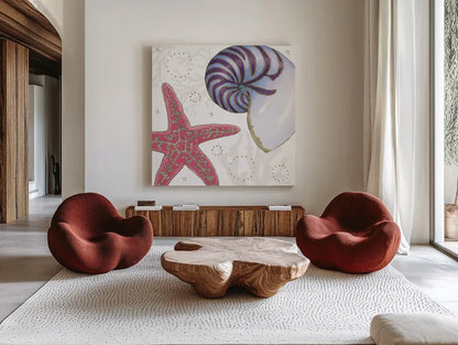 Shimmering Shells II by James Wiens. Shown as extra-large giant wall art in a modern living room. Available as an archival giclee rolled canvas, fine art paper, or poster print. SKU 72587a.