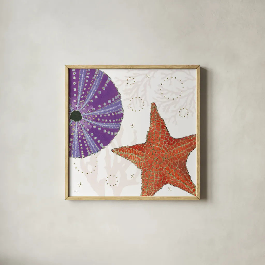 Shimmering Shells III by James Wiens. Shown in a natural wood glass frame for a timeless modern aesthetic. Available as an archival giclee rolled canvas, fine art paper, or poster print. SKU 72588a.