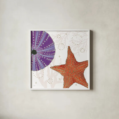 Shimmering Shells III by James Wiens. Shown in a crisp white glass frame for a clean and minimalist style. Available as an archival giclee rolled canvas, fine art paper, or poster print. SKU 72588a.