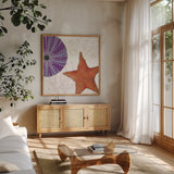 Shimmering Shells III by James Wiens. Shown in a natural wood frame in a cozy modern living room. Available as an archival giclee rolled canvas, fine art paper, or poster print. SKU 72588a.