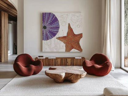 Shimmering Shells III by James Wiens. Shown as extra-large giant wall art in a modern living room. Available as an archival giclee rolled canvas, fine art paper, or poster print. SKU 72588a.